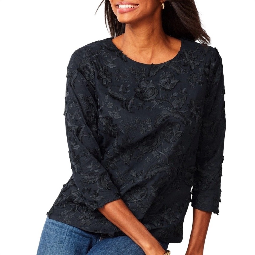 Talbots Black 3D Floral Embroidery & Applique Top Sz 4 Elegant Dark Romance Chic